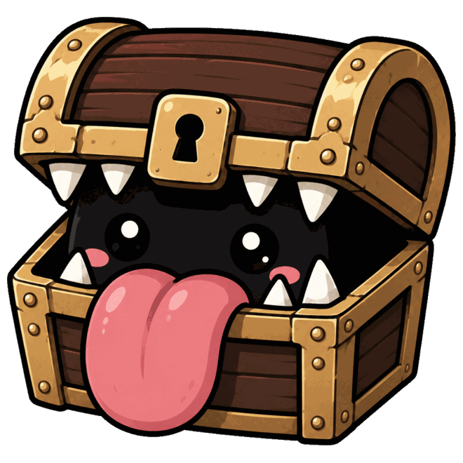A grinning treasure-chest mimic, lid open and tongue out.